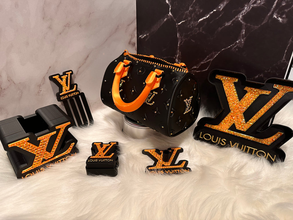 Luxury Bling Desk Set – Designer Inspired 3D Printed Glam Decor Bundle | Flower Planter Purse, Pen Holders, Trinket Tray & More