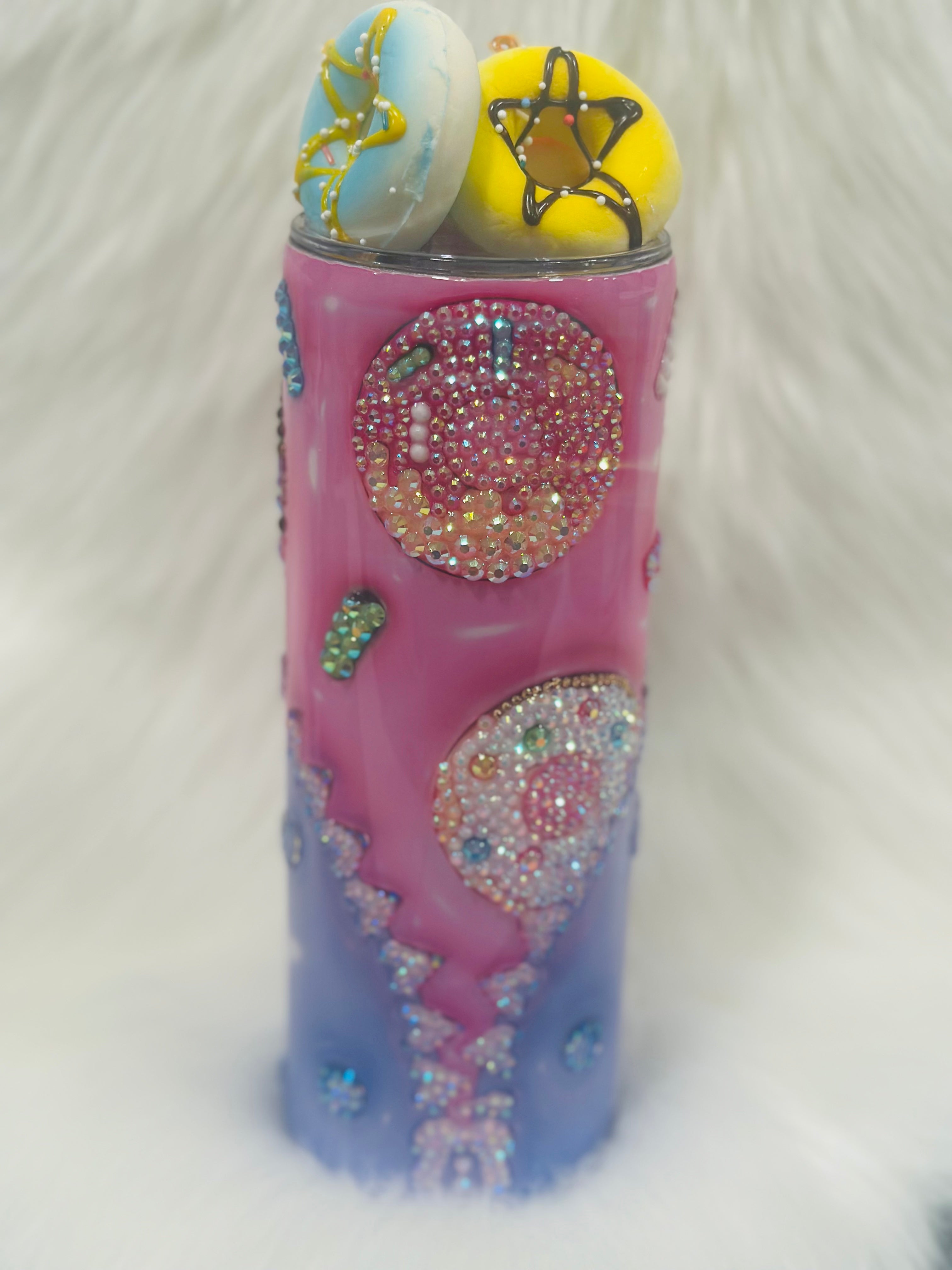 Whimsical Donut Dreams Rhinestone Tumbler – Pink & Purple Drip with Macaron Topper