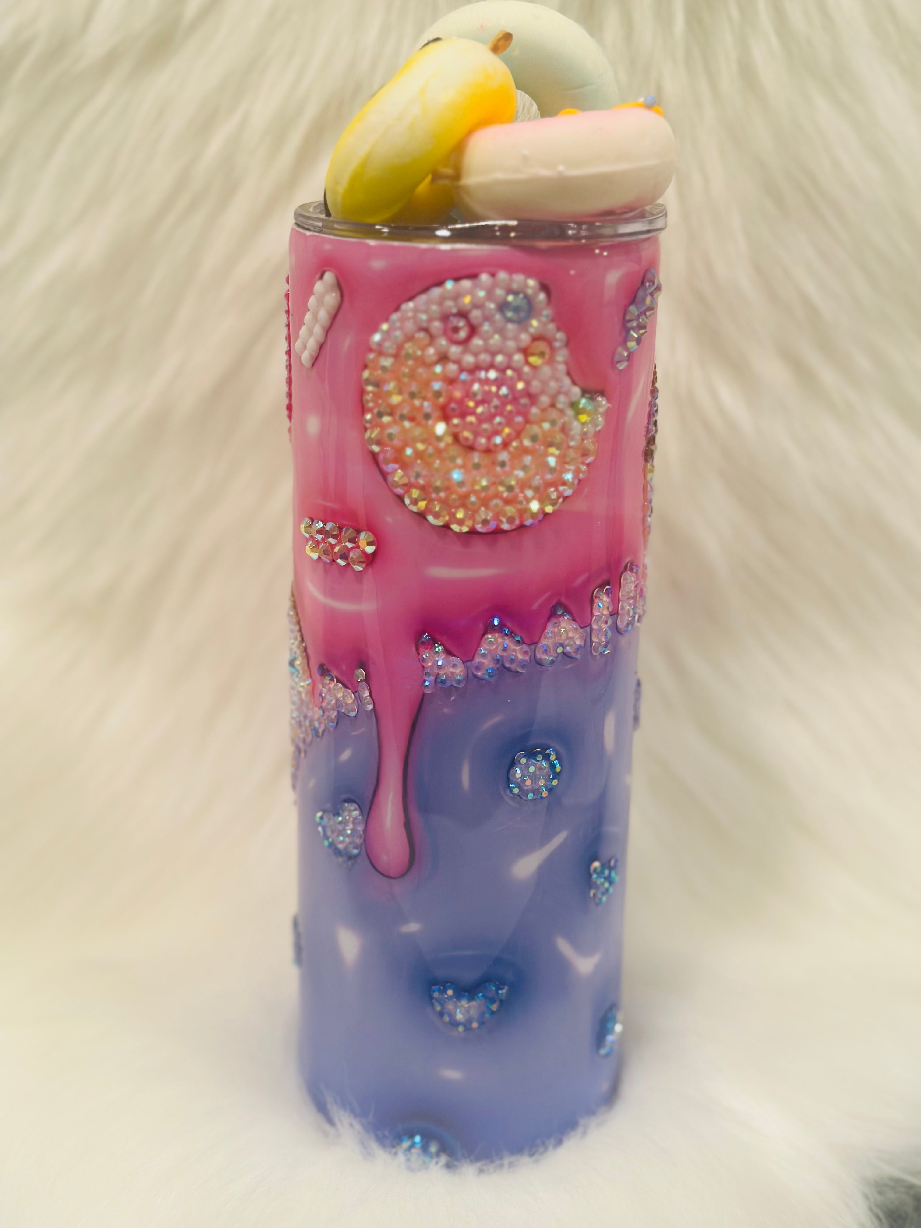 Whimsical Donut Dreams Rhinestone Tumbler – Pink & Purple Drip with Macaron Topper