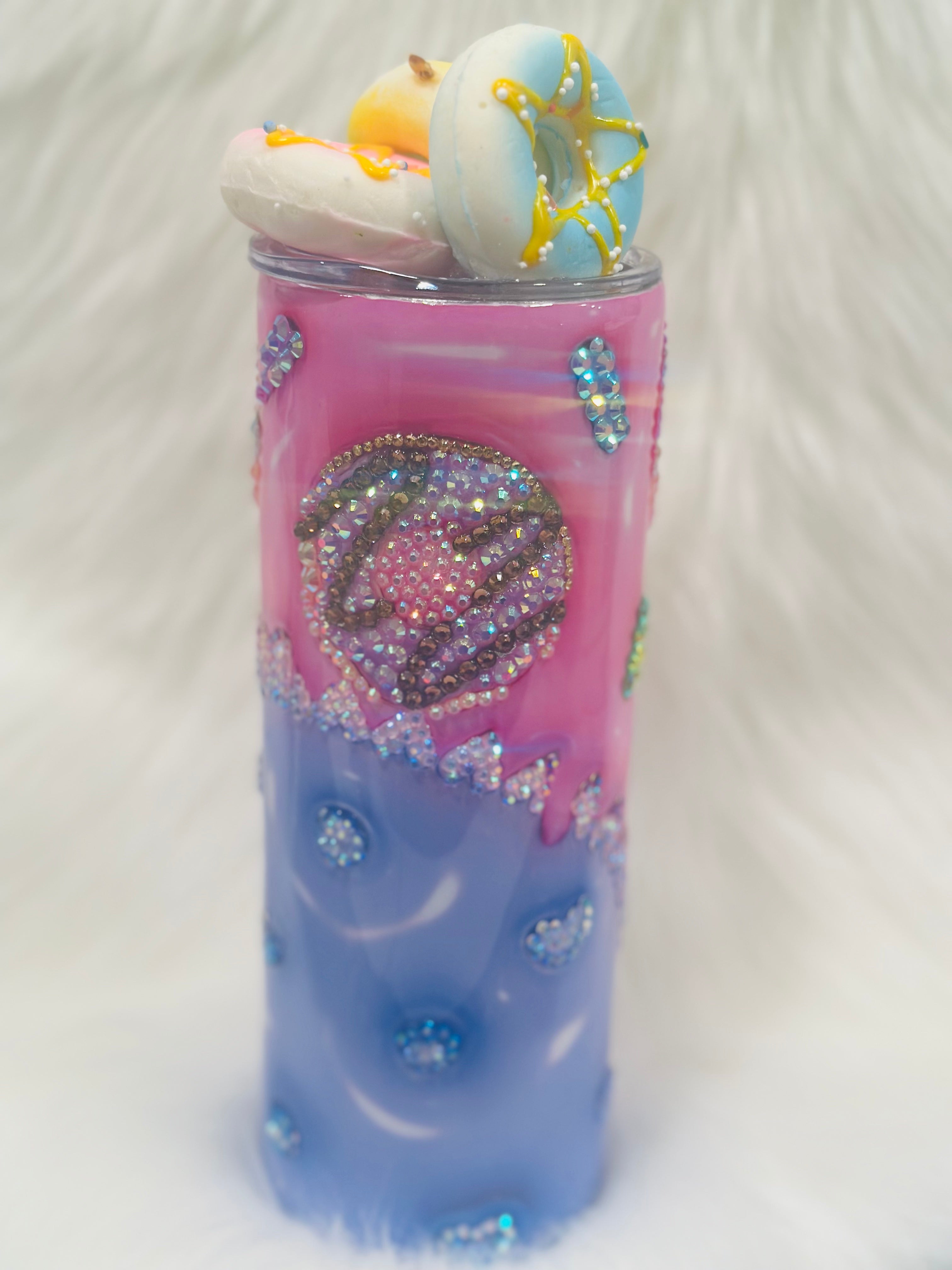 Whimsical Donut Dreams Rhinestone Tumbler – Pink & Purple Drip with Macaron Topper