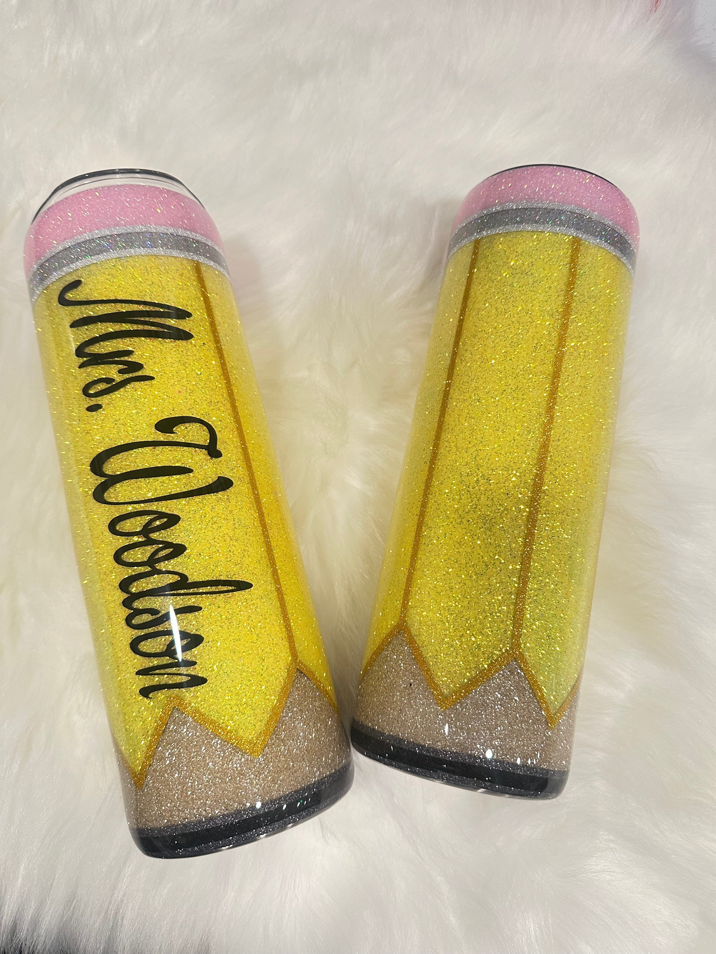 Personalized Glitter Pencil Teacher Tumbler – Custom Name Back-to-School Gift