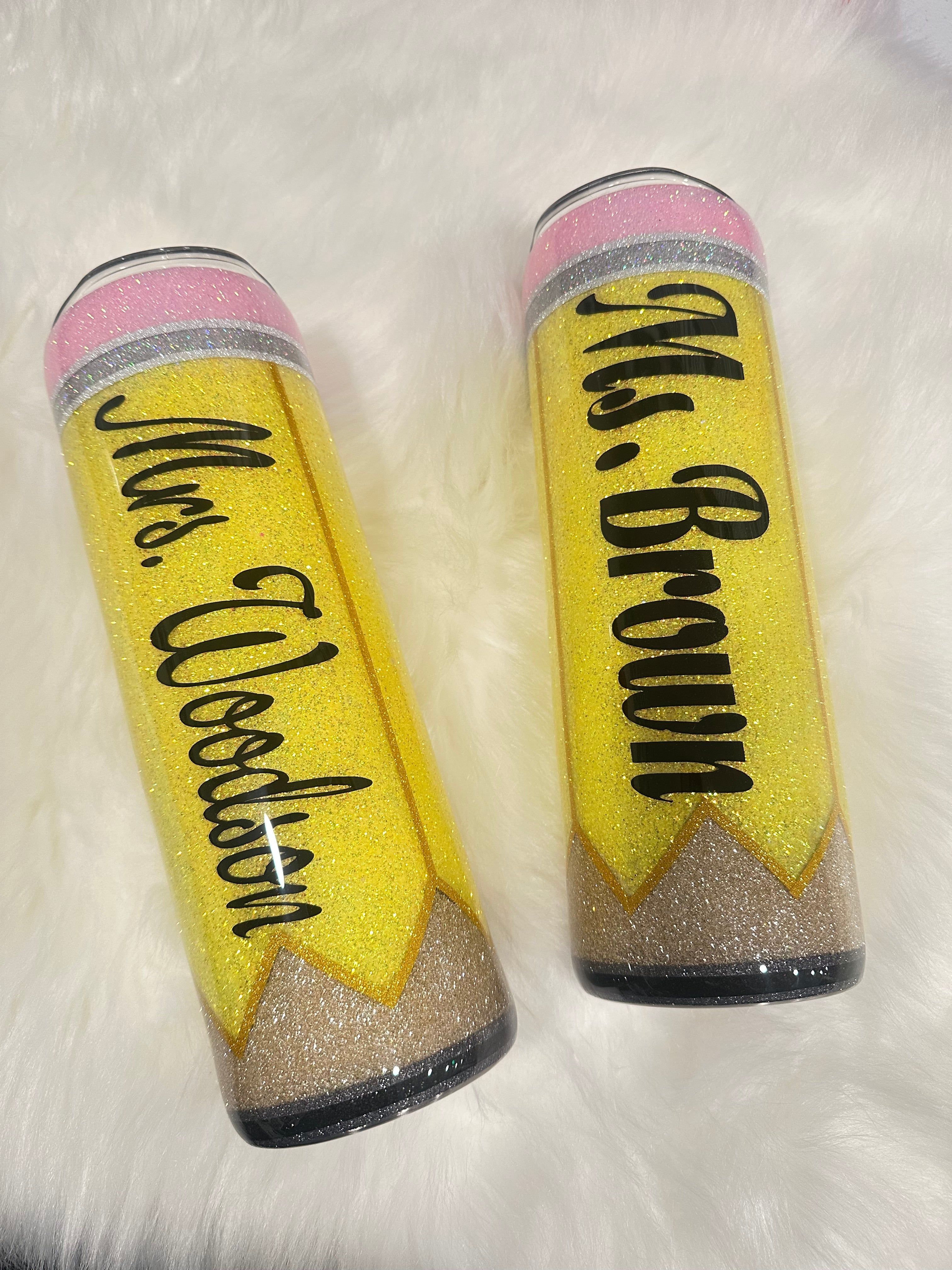 Personalized Glitter Pencil Teacher Tumbler – Custom Name Back-to-School Gift