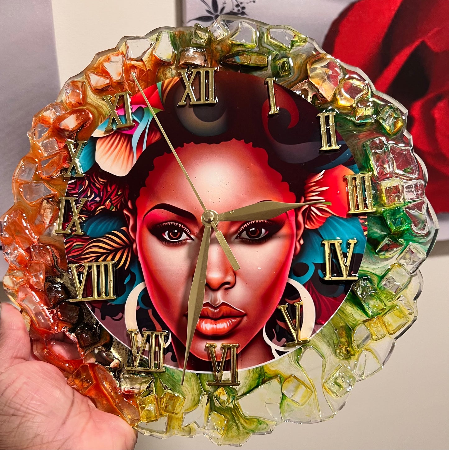 Afro Lady Clock with Fire Glass Stones