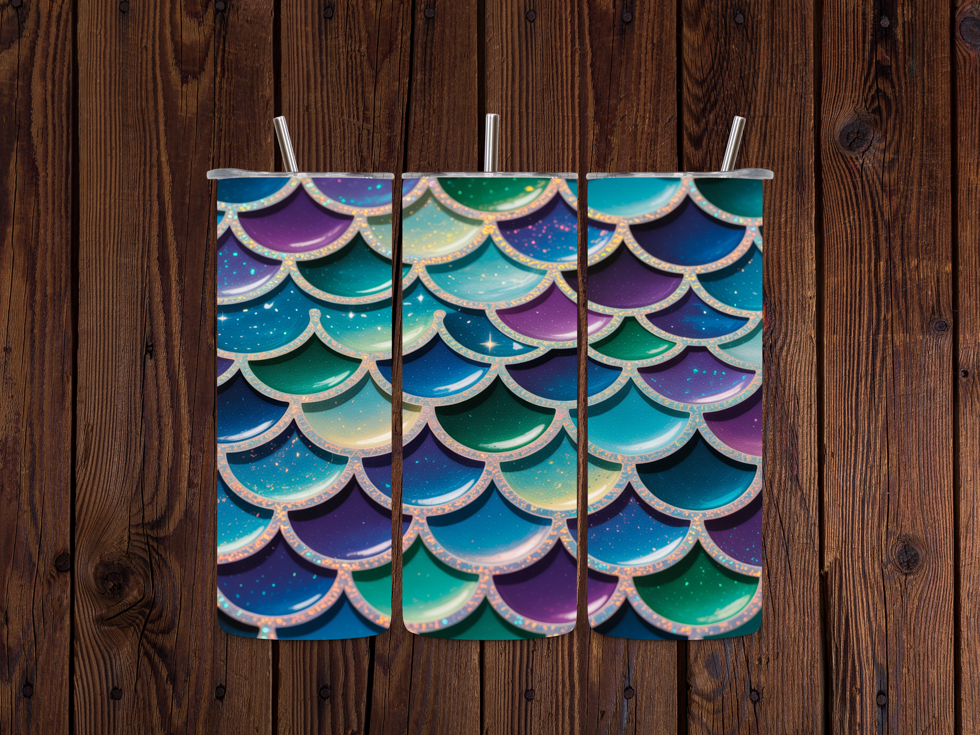 Colorful mermaid scale pattern on a wooden background