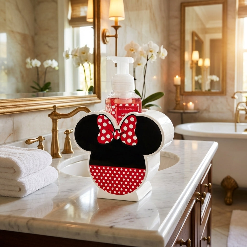 Bottle with a Minnie Mouse design on a marble countertop in a bathroom.