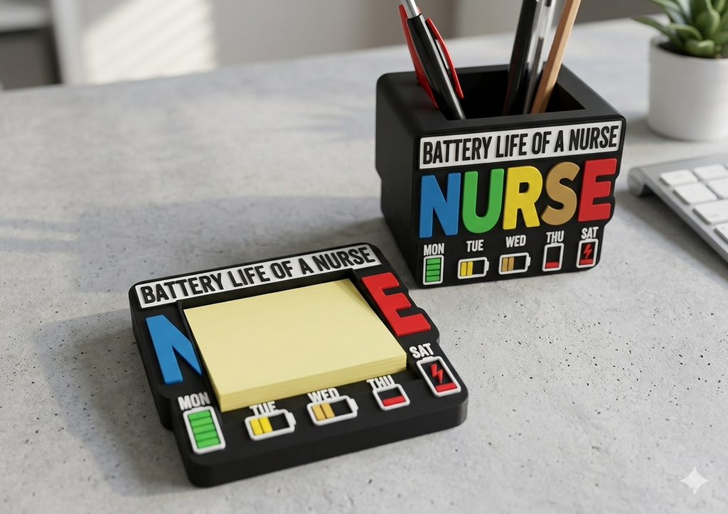 Desk organizer with 'Battery Life of a Nurse' design on a desk.