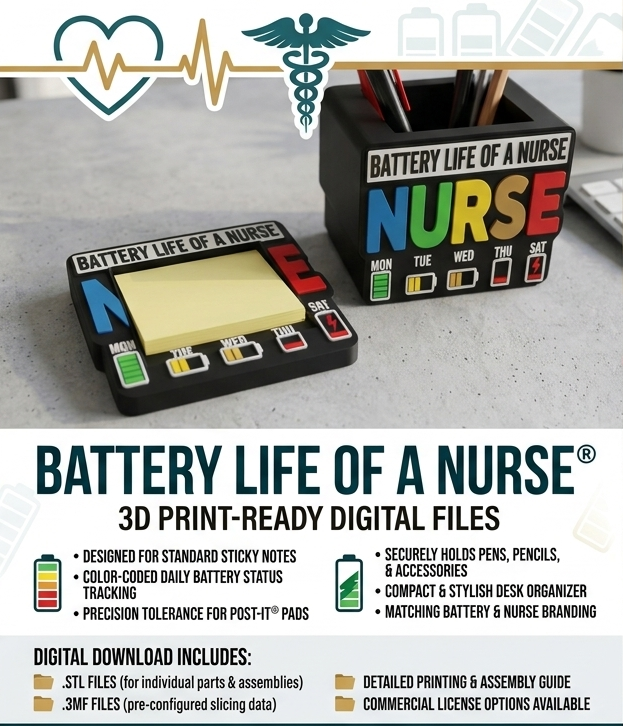 Product packaging for 'Battery Life of a Nurse' with digital files on a desk.