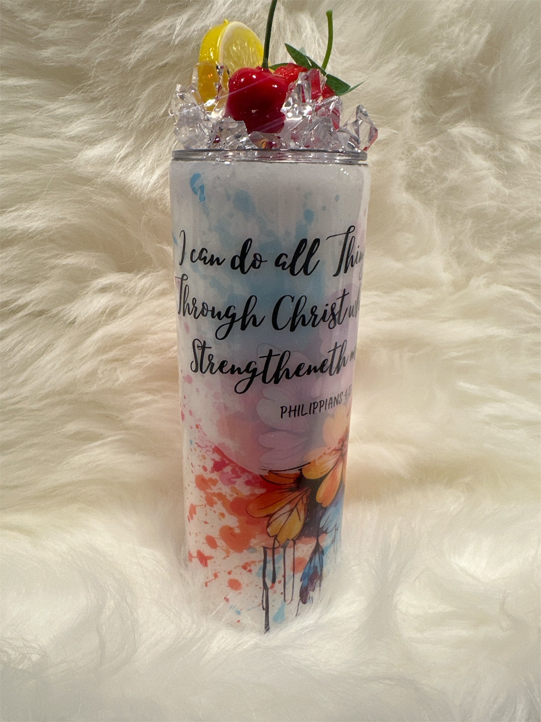 Philippians 4:13 Faith Tumbler” – Faux Ice Topper with Cherry & Lemon Accent-HANDMADE TO ORDER