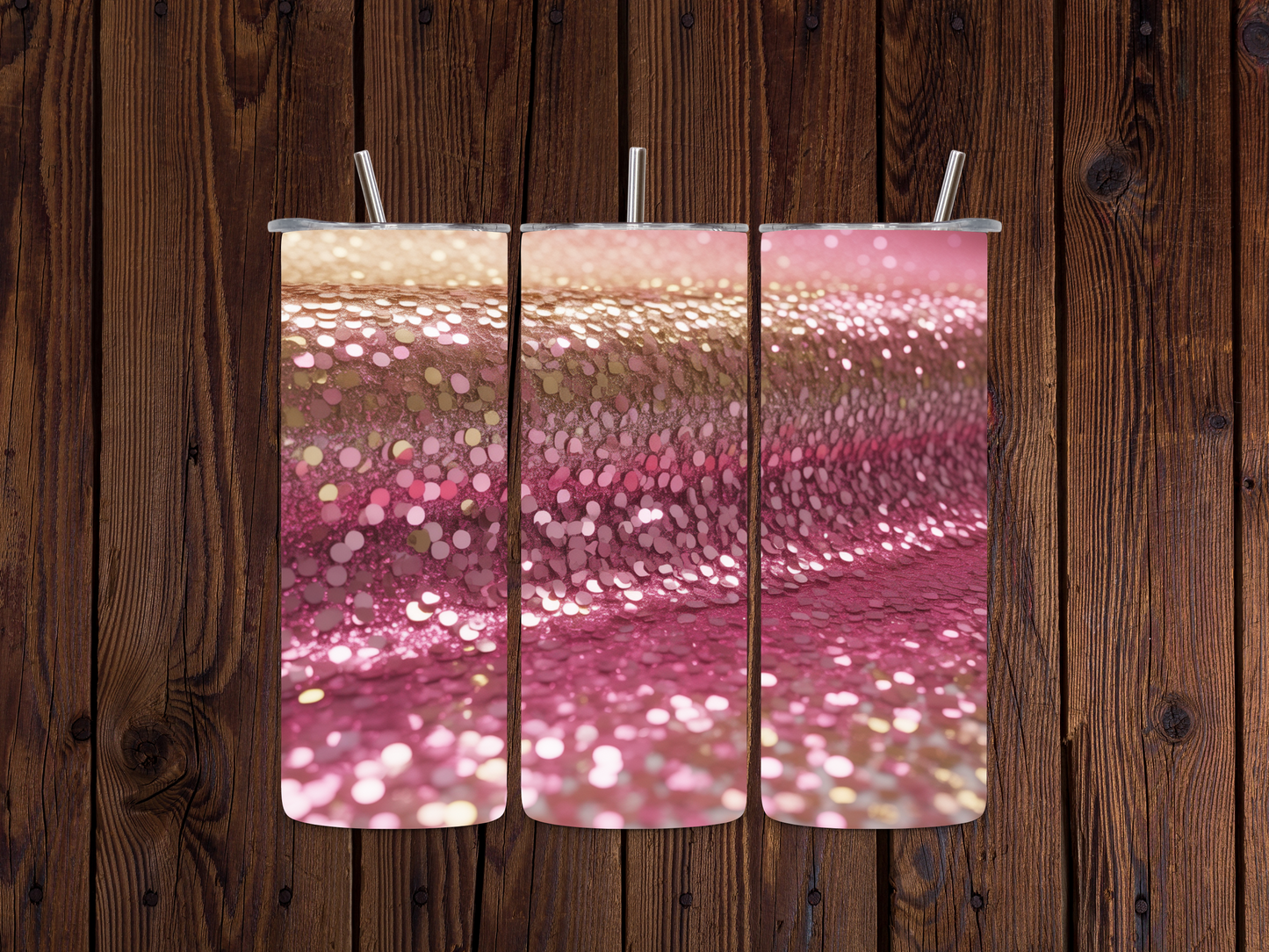 Glittery pink and gold tumbler wrap with wooden background