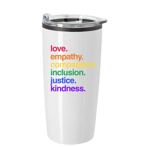 White tumbler with motivational phrases in colorful letters on a white background