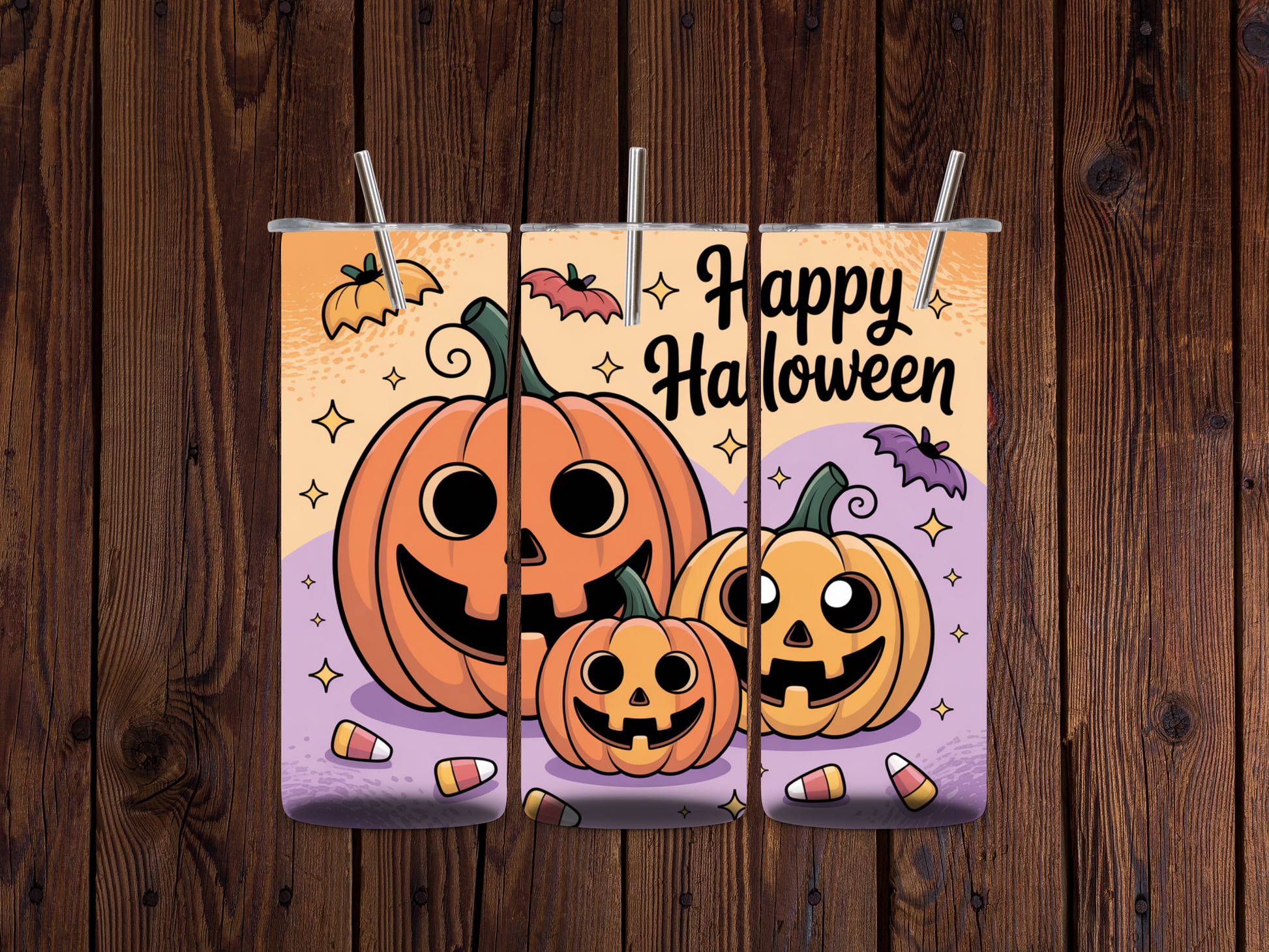 Halloween-themed decorative sign with pumpkins and 'Happy Halloween' text on a wooden background.