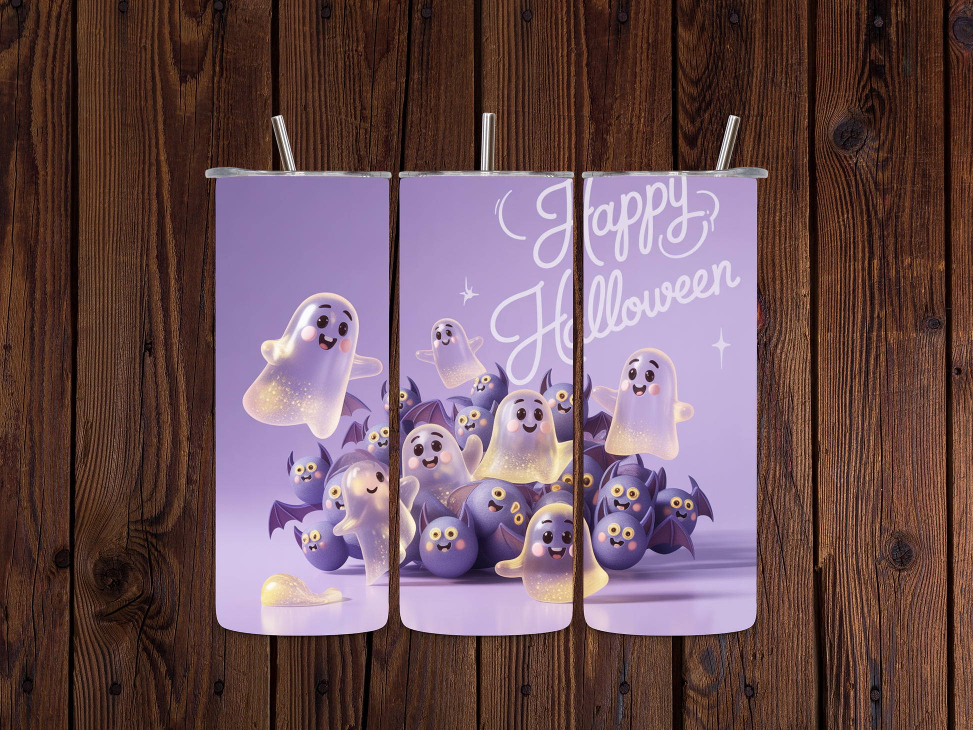 Halloween-themed decorative sign with ghosts on a wooden background
