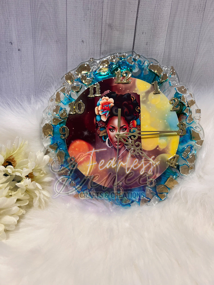 "Fearless" Afro Lady Fire Glass Clock