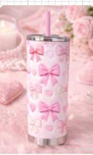 Pink Bow & Heart Tumbler | Handmade Girly Valentine Cup | Physical Tumbler Only