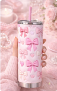 Pink Bow & Heart Tumbler | Handmade Girly Valentine Cup | Physical Tumbler Only