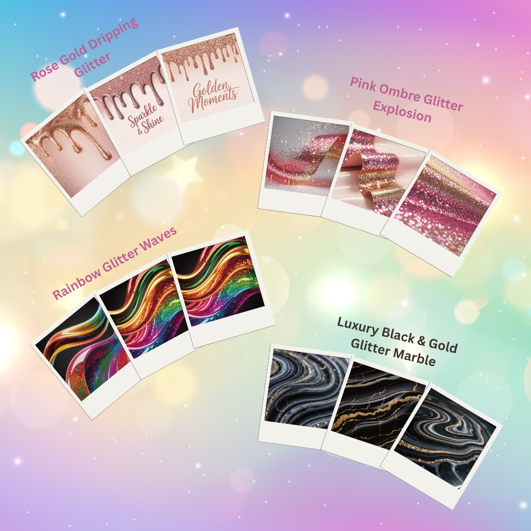 Colorful glittery product samples with names on a gradient background