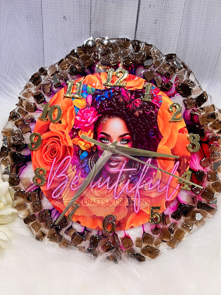 "Beautiful" Afro Lady Fire Glass Clock