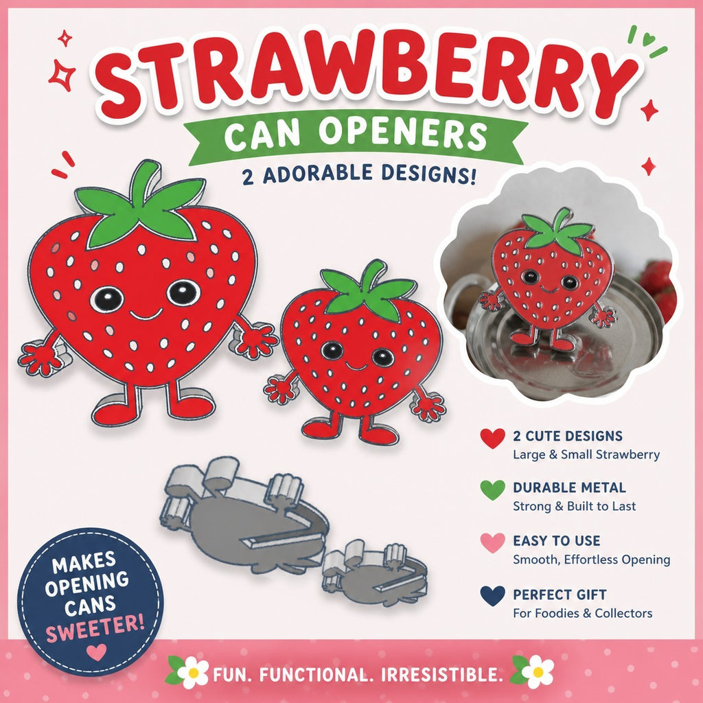 Denee Crafts and Creations strawberry can openers set, featuring two red metal openers in large and small sizes with green leaves and cute faces. One is shown on a can.