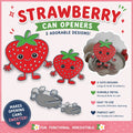Denee Crafts and Creations strawberry can openers set, featuring two red metal openers in large and small sizes with green leaves and cute faces. One is shown on a can.