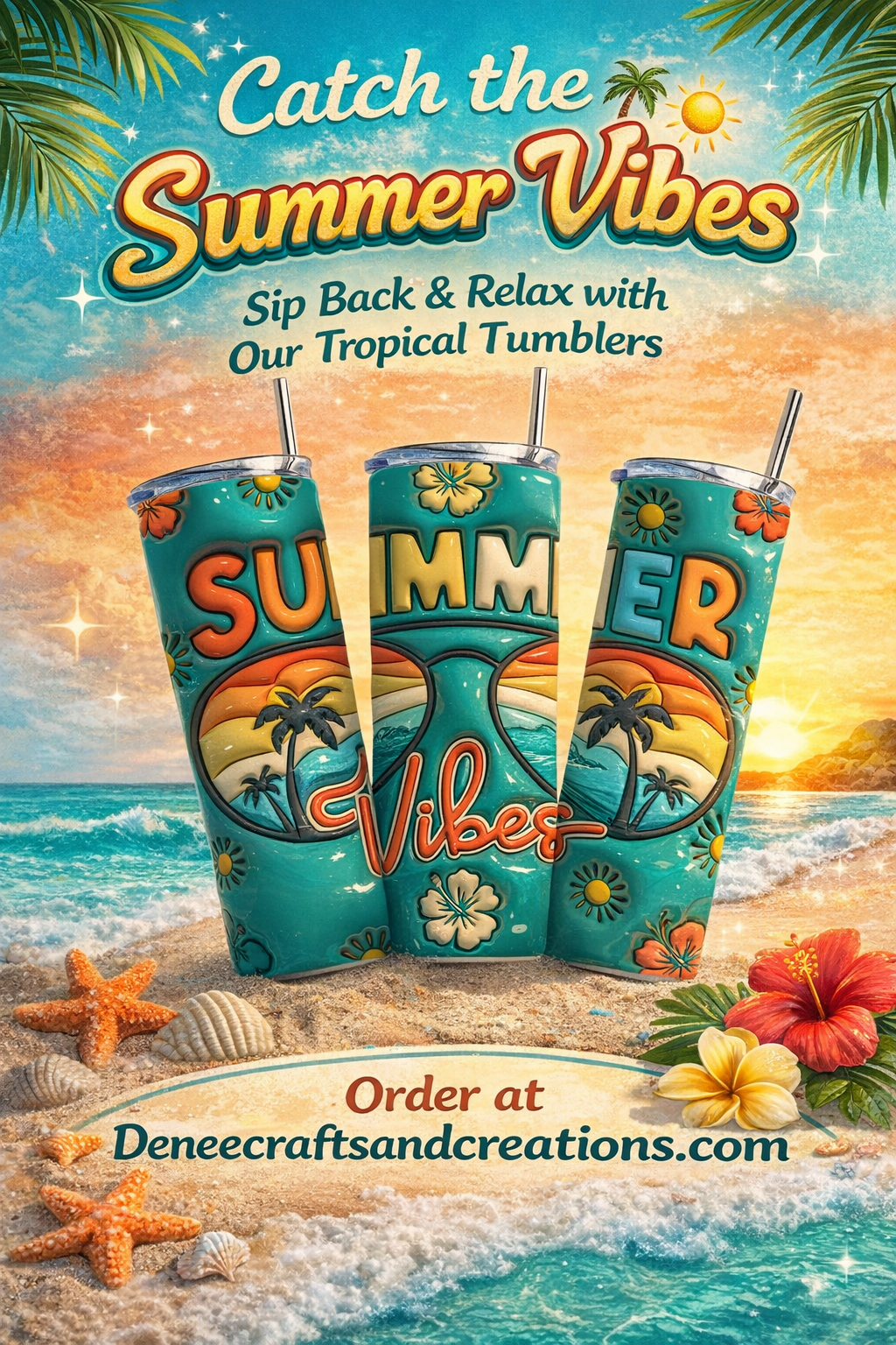 Summer Vibes 20oz Skinny Tumbler | Retro Beach Sunset Palm Tree Epoxy Cup | Tropical Aesthetic Handmade Tumbler