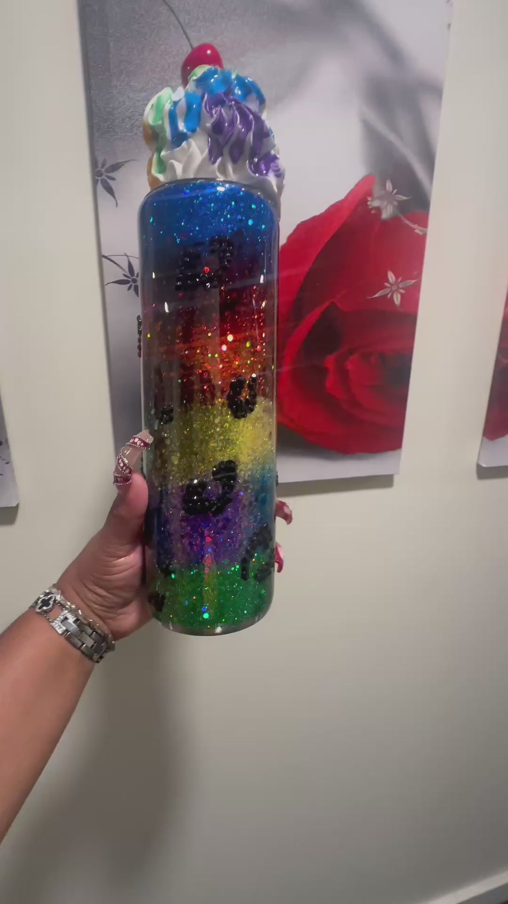 Custom “Mardi Gras Pride” Rainbow Rhinestone Tumbler with Whipped Cream Topper