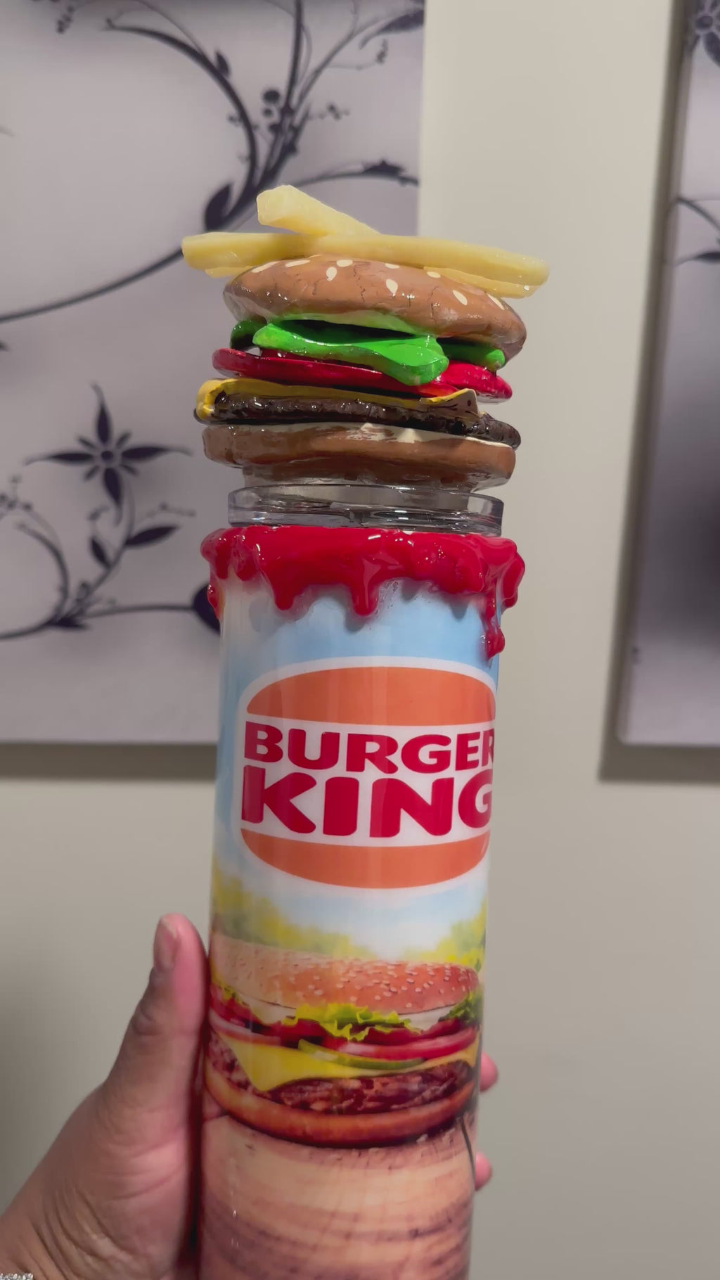 Burger King Inspired 3D Tumbler – Hand Sculpted Food Topper – 20oz Epoxy Custom Cup – Realistic Burger & Fries Lid – Unique Handmade Gift
