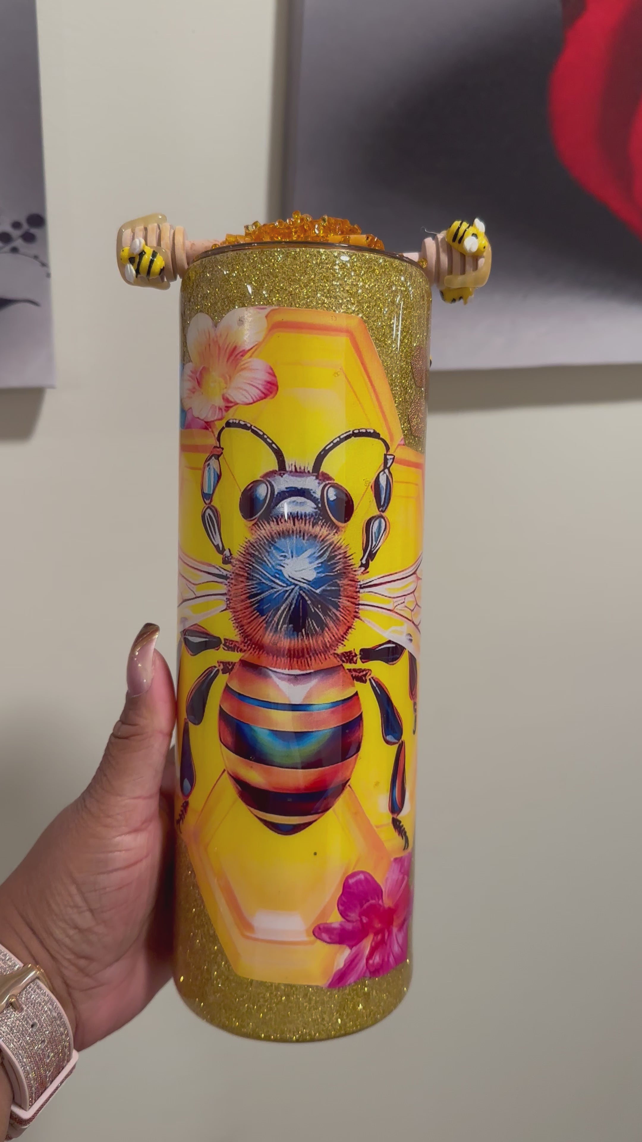 Floral Queen Bee Glitter Tumbler