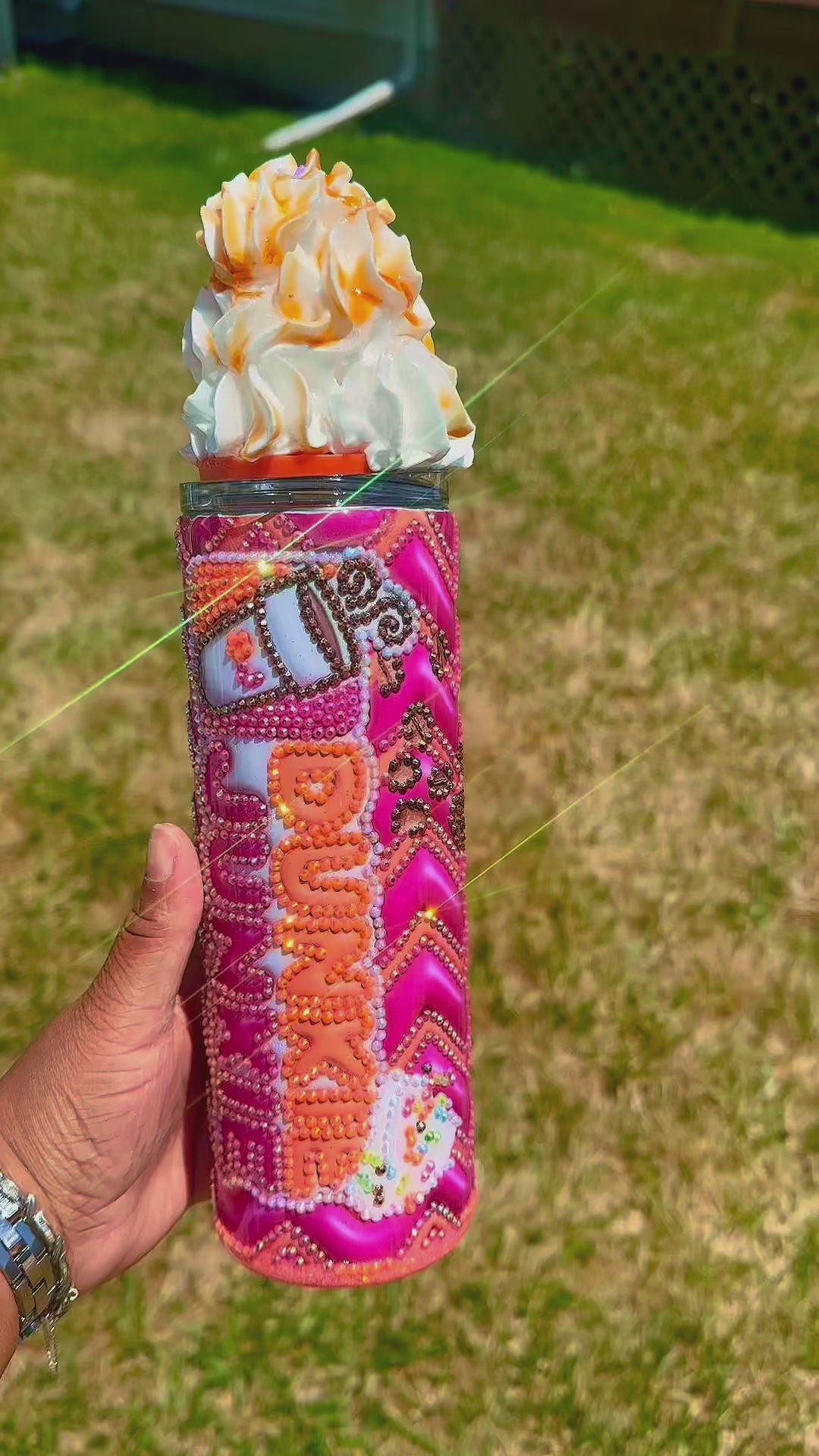 Dunkie Junkie’ Dunkin’ Donuts Tumbler with Whipped Cream Topper and Rhinestone Embellishments