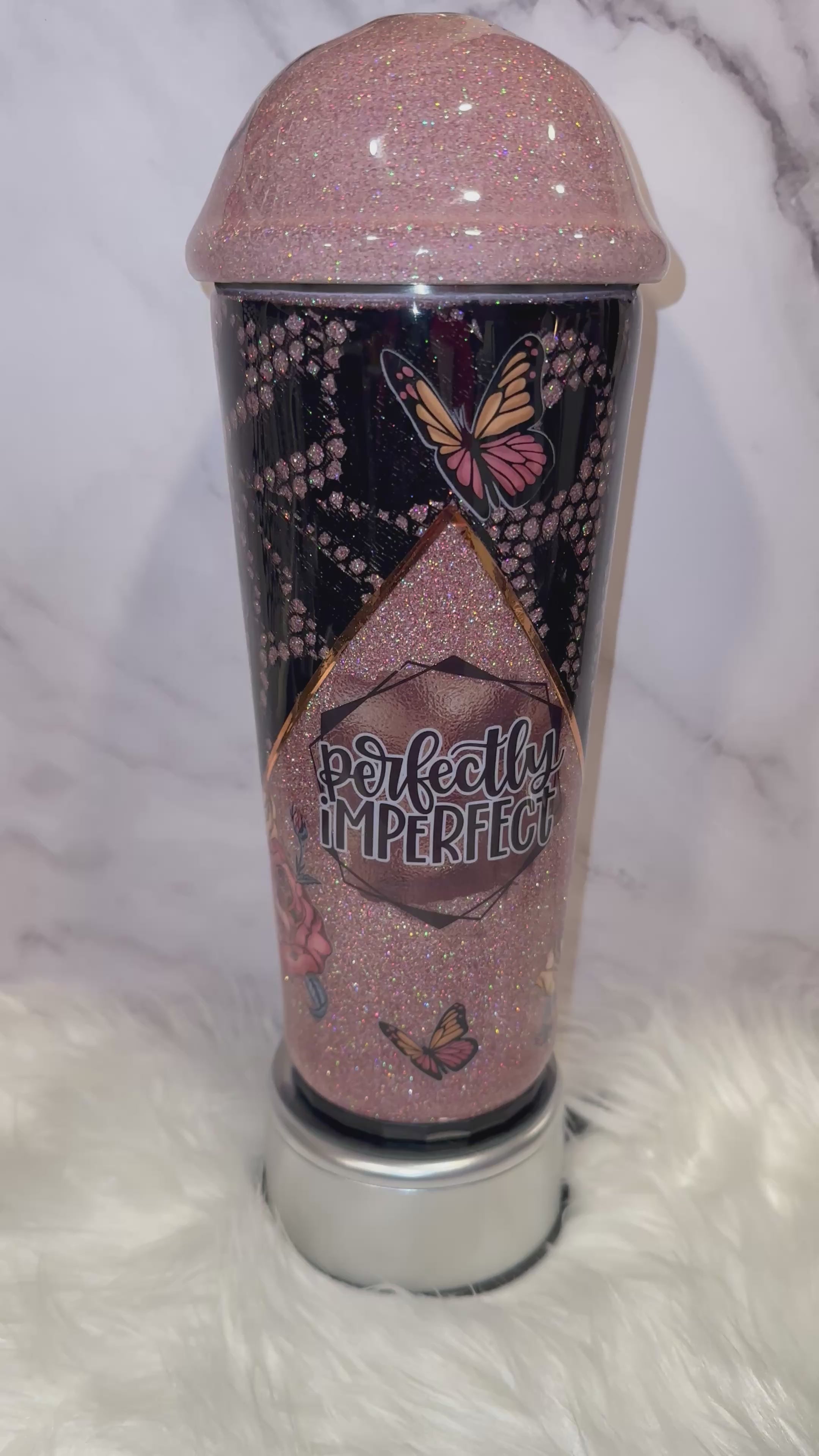 Perfectly Imperfect Butterfly Glitter Tumbler | Handmade Pink & Black Epoxy Cup with Dome Lid