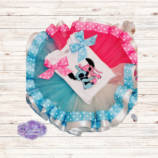 Stitch Pink and Blue Polka dot Embroidered tutu Set