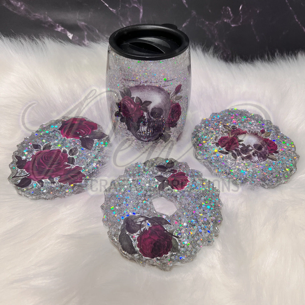 Rose Skeleton 14 oz glitter Mug with matching coasters